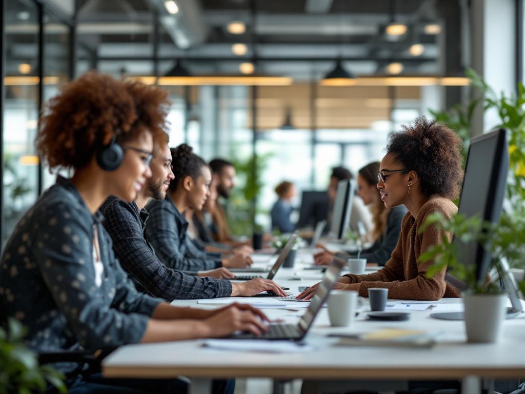 An image of an office environment featuring several young professionals at a communal desk, working on computers and laptops.