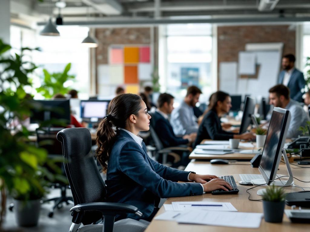 An image of a professional women working at a desk on a computer in an office environment.