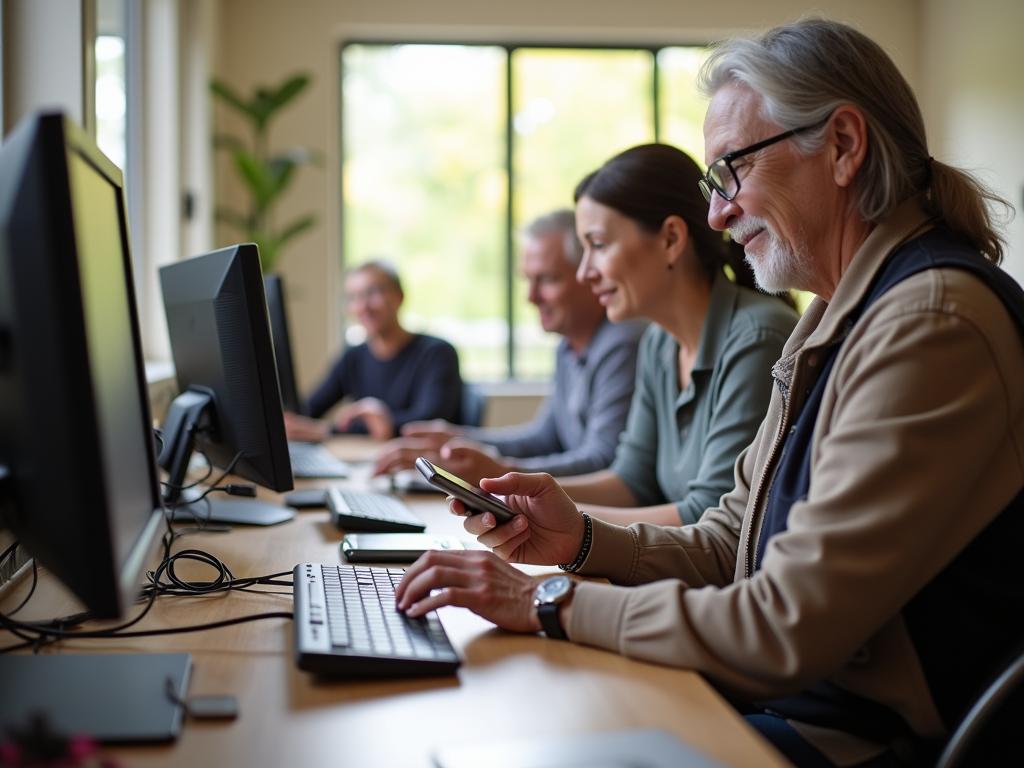 An image of several middle-aged people sitting in a single row in front of computers.