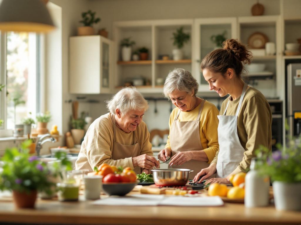 An image of two grandparents (male and female) and their daughter, preparing a meal in their kitchen.