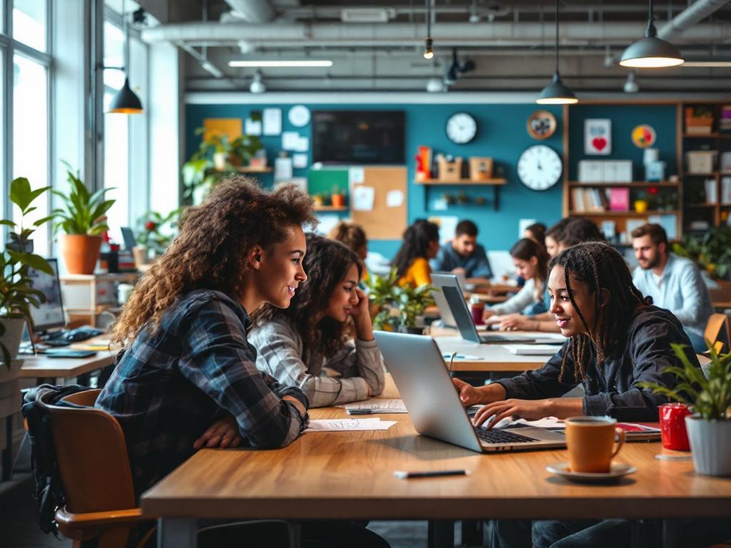 An image of three girls in their late teens in a dynamic coffee shop working on a laptop computer.