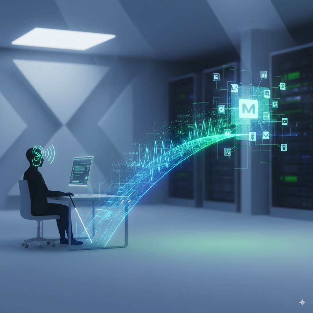 An abstract image of an individual with a white cane sitting at a computer desk with energy/electrical waves projecting into the internet.